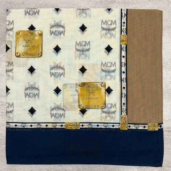 MCM Logo Square Scarf in Navy, White & Gold Plaque Print cotton - Picture 2 of 6